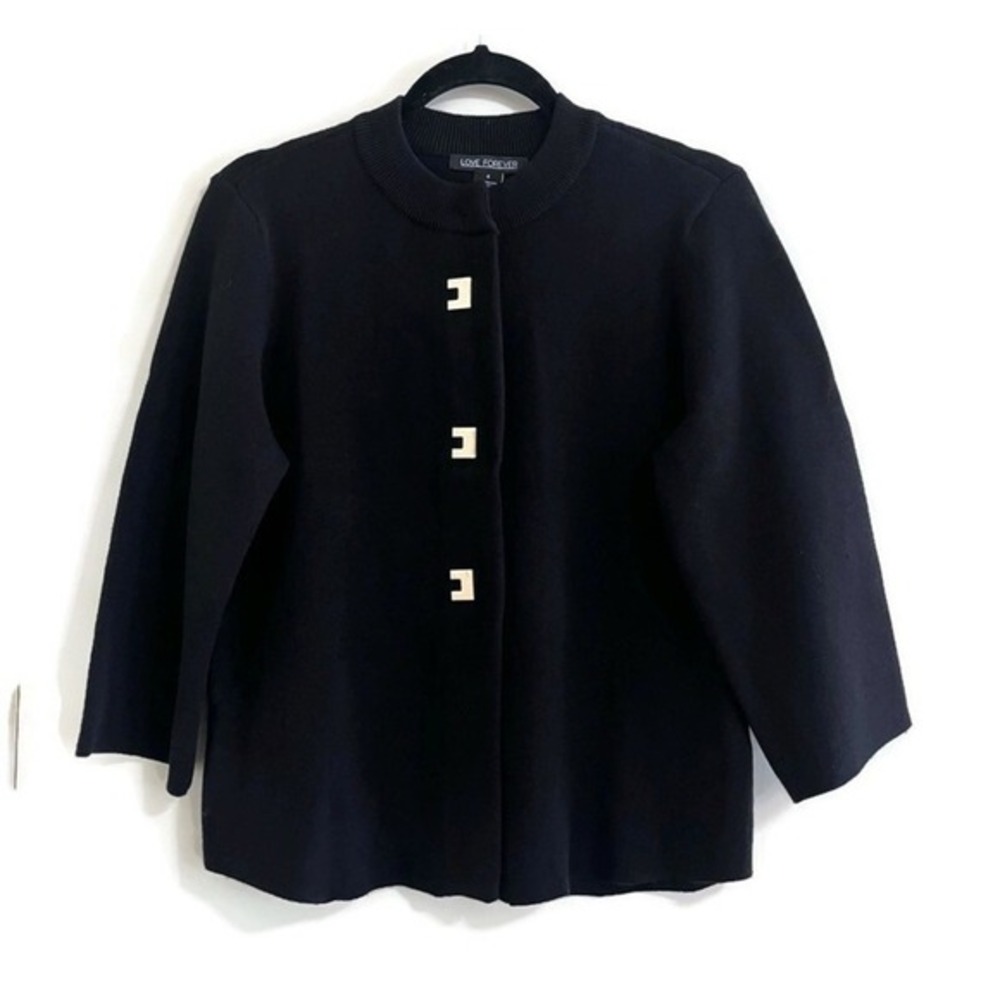 Love‎ Forever Women Knit Jacket Small Black Career Office Military Gold Button